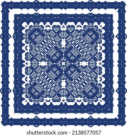 Decorative color ceramic azulejo tiles. Vector seamless pattern illustration. Kitchen design. Blue folk ethnic ornament for print, web background, surface texture, towels, pillows, wallpaper.