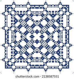 Decorative color ceramic azulejo tiles. Vector seamless pattern trellis. Fashionable design. Blue folk ethnic ornament for print, web background, surface texture, towels, pillows, wallpaper.