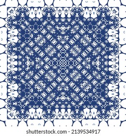 Decorative color ceramic azulejo tiles. Vector seamless pattern illustration. Kitchen design. Blue folk ethnic ornament for print, web background, surface texture, towels, pillows, wallpaper.