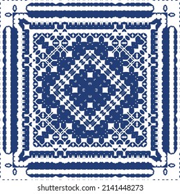 Decorative color ceramic azulejo tiles. Creative design. Vector seamless pattern trellis. Blue folk ethnic ornament for print, web background, surface texture, towels, pillows, wallpaper.