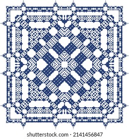 Decorative color ceramic azulejo tiles. Vector seamless pattern trellis. Fashionable design. Blue folk ethnic ornament for print, web background, surface texture, towels, pillows, wallpaper.