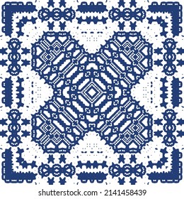 Decorative color ceramic azulejo tiles. Creative design. Vector seamless pattern trellis. Blue folk ethnic ornament for print, web background, surface texture, towels, pillows, wallpaper.