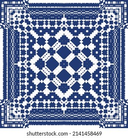 Decorative color ceramic azulejo tiles. Vector seamless pattern trellis. Fashionable design. Blue folk ethnic ornament for print, web background, surface texture, towels, pillows, wallpaper.