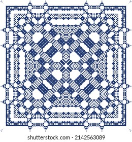 Decorative color ceramic azulejo tiles. Vector seamless pattern trellis. Fashionable design. Blue folk ethnic ornament for print, web background, surface texture, towels, pillows, wallpaper.