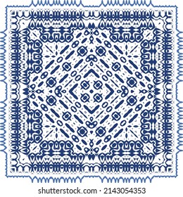 Decorative color ceramic azulejo tiles. Vector seamless pattern illustration. Kitchen design. Blue folk ethnic ornament for print, web background, surface texture, towels, pillows, wallpaper.