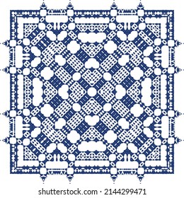 Decorative color ceramic azulejo tiles. Vector seamless pattern trellis. Fashionable design. Blue folk ethnic ornament for print, web background, surface texture, towels, pillows, wallpaper.