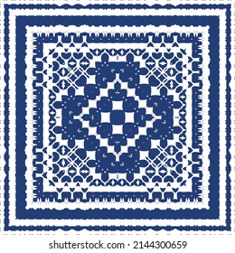 Decorative color ceramic azulejo tiles. Creative design. Vector seamless pattern trellis. Blue folk ethnic ornament for print, web background, surface texture, towels, pillows, wallpaper.