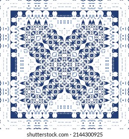 Decorative color ceramic azulejo tiles. Vector seamless pattern illustration. Kitchen design. Blue folk ethnic ornament for print, web background, surface texture, towels, pillows, wallpaper.