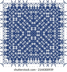 Decorative color ceramic azulejo tiles. Vector seamless pattern illustration. Kitchen design. Blue folk ethnic ornament for print, web background, surface texture, towels, pillows, wallpaper.