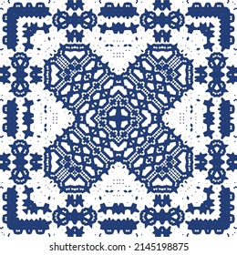 Decorative color ceramic azulejo tiles. Creative design. Vector seamless pattern trellis. Blue folk ethnic ornament for print, web background, surface texture, towels, pillows, wallpaper.