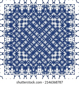 Decorative color ceramic azulejo tiles. Vector seamless pattern illustration. Kitchen design. Blue folk ethnic ornament for print, web background, surface texture, towels, pillows, wallpaper.