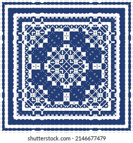 Decorative color ceramic azulejo tiles. Creative design. Vector seamless pattern trellis. Blue folk ethnic ornament for print, web background, surface texture, towels, pillows, wallpaper.