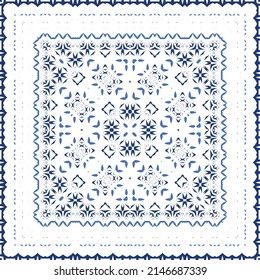 Decorative color ceramic azulejo tiles. Vector seamless pattern illustration. Kitchen design. Blue folk ethnic ornament for print, web background, surface texture, towels, pillows, wallpaper.