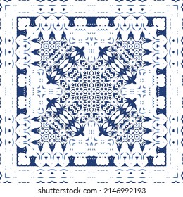 Decorative color ceramic azulejo tiles. Vector seamless pattern illustration. Kitchen design. Blue folk ethnic ornament for print, web background, surface texture, towels, pillows, wallpaper.