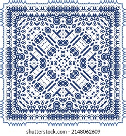 Decorative color ceramic azulejo tiles. Vector seamless pattern illustration. Kitchen design. Blue folk ethnic ornament for print, web background, surface texture, towels, pillows, wallpaper.