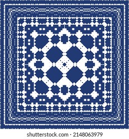 Decorative color ceramic azulejo tiles. Vector seamless pattern trellis. Fashionable design. Blue folk ethnic ornament for print, web background, surface texture, towels, pillows, wallpaper.