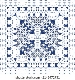 Decorative color ceramic azulejo tiles. Vector seamless pattern illustration. Kitchen design. Blue folk ethnic ornament for print, web background, surface texture, towels, pillows, wallpaper.