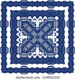 Decorative color ceramic azulejo tiles. Vector seamless pattern illustration. Kitchen design. Blue folk ethnic ornament for print, web background, surface texture, towels, pillows, wallpaper.