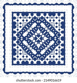 Decorative color ceramic azulejo tiles. Universal design. Vector seamless pattern collage. Blue folk ethnic ornament for print, web background, surface texture, towels, pillows, wallpaper.