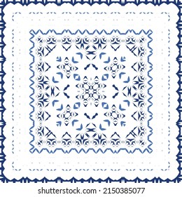 Decorative color ceramic azulejo tiles. Vector seamless pattern illustration. Kitchen design. Blue folk ethnic ornament for print, web background, surface texture, towels, pillows, wallpaper.