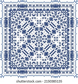 Decorative color ceramic azulejo tiles. Vector seamless pattern illustration. Kitchen design. Blue folk ethnic ornament for print, web background, surface texture, towels, pillows, wallpaper.