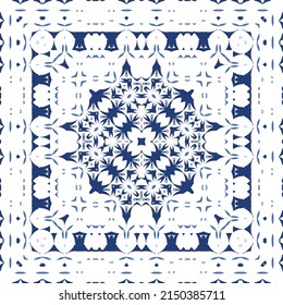 Decorative color ceramic azulejo tiles. Vector seamless pattern illustration. Kitchen design. Blue folk ethnic ornament for print, web background, surface texture, towels, pillows, wallpaper.