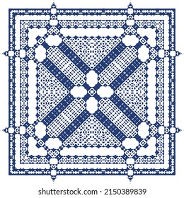 Decorative color ceramic azulejo tiles. Vector seamless pattern trellis. Fashionable design. Blue folk ethnic ornament for print, web background, surface texture, towels, pillows, wallpaper.