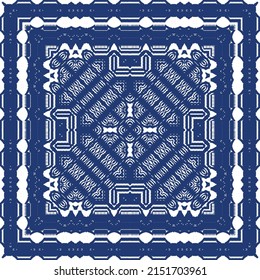 Decorative color ceramic azulejo tiles. Vector seamless pattern illustration. Kitchen design. Blue folk ethnic ornament for print, web background, surface texture, towels, pillows, wallpaper.