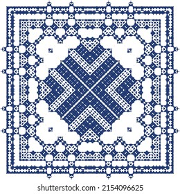 Decorative color ceramic azulejo tiles. Vector seamless pattern trellis. Fashionable design. Blue folk ethnic ornament for print, web background, surface texture, towels, pillows, wallpaper.