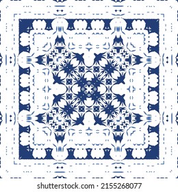 Decorative color ceramic azulejo tiles. Vector seamless pattern illustration. Kitchen design. Blue folk ethnic ornament for print, web background, surface texture, towels, pillows, wallpaper.