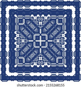Decorative color ceramic azulejo tiles. Vector seamless pattern illustration. Kitchen design. Blue folk ethnic ornament for print, web background, surface texture, towels, pillows, wallpaper.