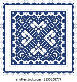 Decorative color ceramic azulejo tiles. Universal design. Vector seamless pattern collage. Blue folk ethnic ornament for print, web background, surface texture, towels, pillows, wallpaper.
