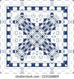 Decorative color ceramic azulejo tiles. Vector seamless pattern illustration. Kitchen design. Blue folk ethnic ornament for print, web background, surface texture, towels, pillows, wallpaper.