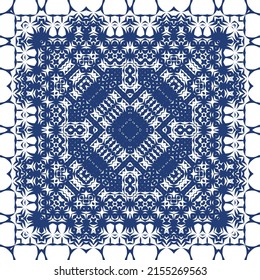 Decorative color ceramic azulejo tiles. Vector seamless pattern illustration. Kitchen design. Blue folk ethnic ornament for print, web background, surface texture, towels, pillows, wallpaper.