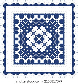 Decorative color ceramic azulejo tiles. Universal design. Vector seamless pattern collage. Blue folk ethnic ornament for print, web background, surface texture, towels, pillows, wallpaper.
