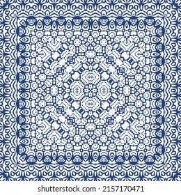 Decorative color ceramic azulejo tiles. Creative design. Vector seamless pattern trellis. Blue folk ethnic ornament for print, web background, surface texture, towels, pillows, wallpaper.