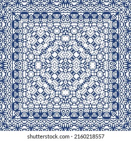 Decorative color ceramic azulejo tiles. Creative design. Vector seamless pattern trellis. Blue folk ethnic ornament for print, web background, surface texture, towels, pillows, wallpaper.