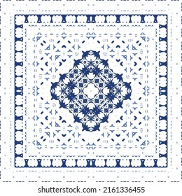 Decorative color ceramic azulejo tiles. Vector seamless pattern illustration. Kitchen design. Blue folk ethnic ornament for print, web background, surface texture, towels, pillows, wallpaper.