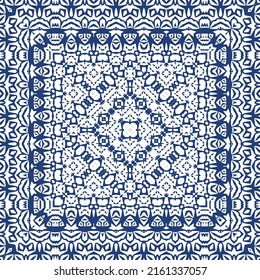 Decorative color ceramic azulejo tiles. Creative design. Vector seamless pattern trellis. Blue folk ethnic ornament for print, web background, surface texture, towels, pillows, wallpaper.