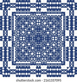 Decorative color ceramic azulejo tiles. Creative design. Vector seamless pattern trellis. Blue folk ethnic ornament for print, web background, surface texture, towels, pillows, wallpaper.