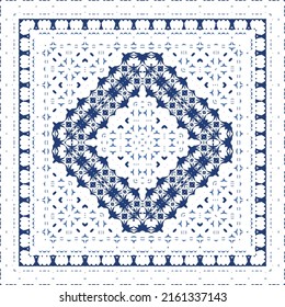 Decorative color ceramic azulejo tiles. Vector seamless pattern illustration. Kitchen design. Blue folk ethnic ornament for print, web background, surface texture, towels, pillows, wallpaper.