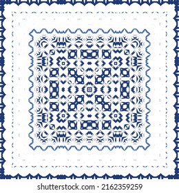 Decorative color ceramic azulejo tiles. Vector seamless pattern illustration. Kitchen design. Blue folk ethnic ornament for print, web background, surface texture, towels, pillows, wallpaper.