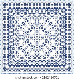 Decorative color ceramic azulejo tiles. Vector seamless pattern illustration. Kitchen design. Blue folk ethnic ornament for print, web background, surface texture, towels, pillows, wallpaper.
