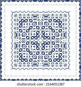 Decorative color ceramic azulejo tiles. Vector seamless pattern illustration. Kitchen design. Blue folk ethnic ornament for print, web background, surface texture, towels, pillows, wallpaper.