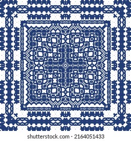 Decorative color ceramic azulejo tiles. Creative design. Vector seamless pattern trellis. Blue folk ethnic ornament for print, web background, surface texture, towels, pillows, wallpaper.