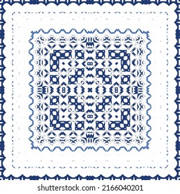Decorative color ceramic azulejo tiles. Vector seamless pattern illustration. Kitchen design. Blue folk ethnic ornament for print, web background, surface texture, towels, pillows, wallpaper.