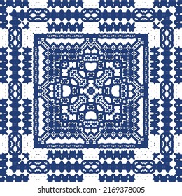 Decorative color ceramic azulejo tiles. Creative design. Vector seamless pattern trellis. Blue folk ethnic ornament for print, web background, surface texture, towels, pillows, wallpaper.