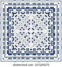 Decorative color ceramic azulejo tiles. Vector seamless pattern illustration. Kitchen design. Blue folk ethnic ornament for print, web background, surface texture, towels, pillows, wallpaper.