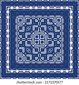 Decorative color ceramic azulejo tiles. Vector seamless pattern illustration. Kitchen design. Blue folk ethnic ornament for print, web background, surface texture, towels, pillows, wallpaper.
