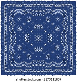 Decorative color ceramic azulejo tiles. Vector seamless pattern illustration. Kitchen design. Blue folk ethnic ornament for print, web background, surface texture, towels, pillows, wallpaper.